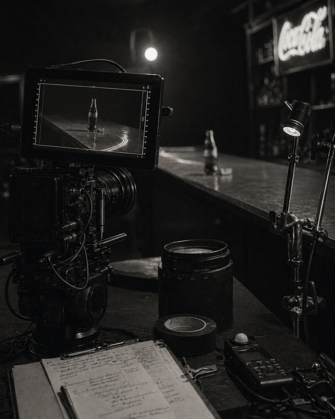 Camera operator's monitor showing the bottle composition; lens, notebook